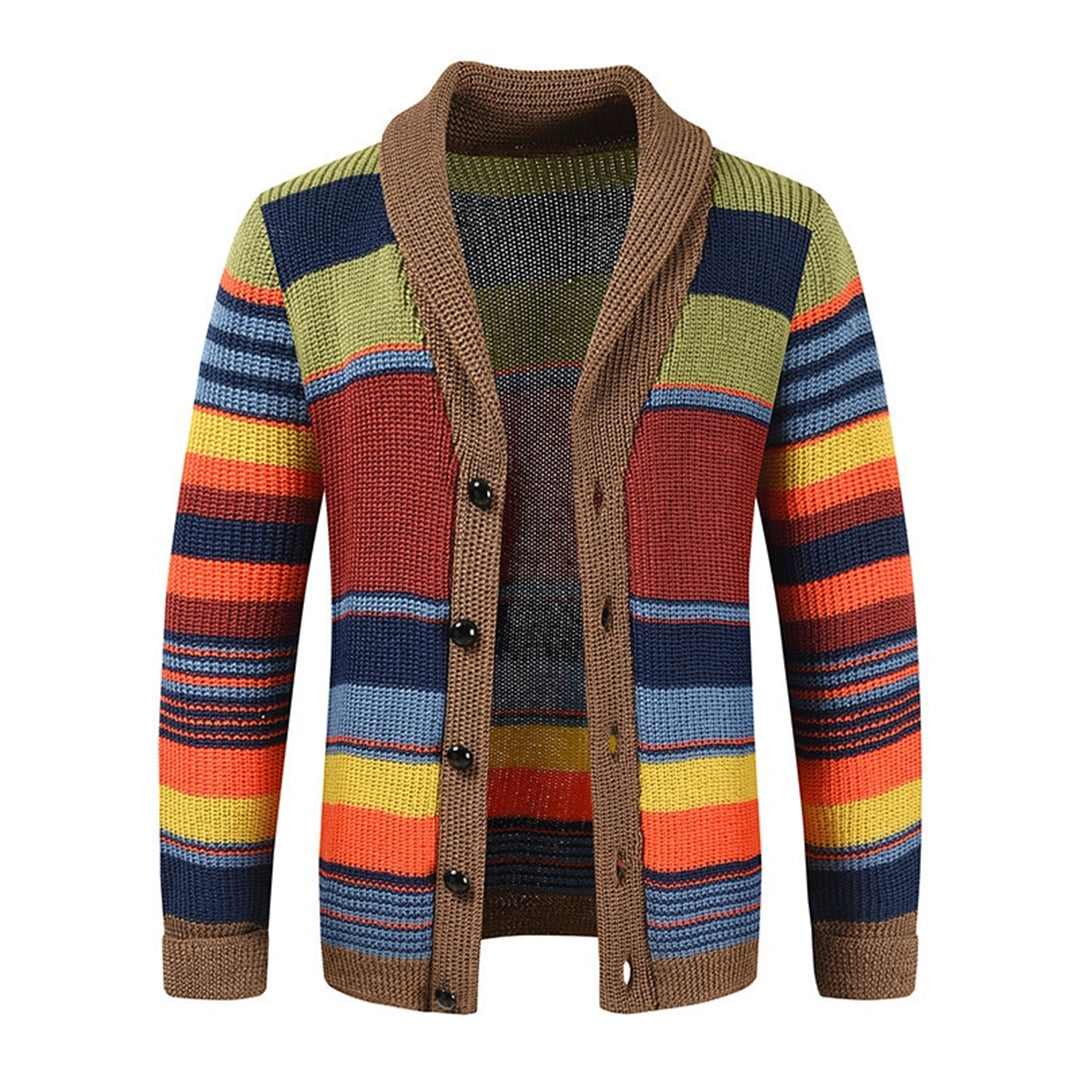 Men's Striped Knit Cardigan Shawl Collar Button Front - Vonnera