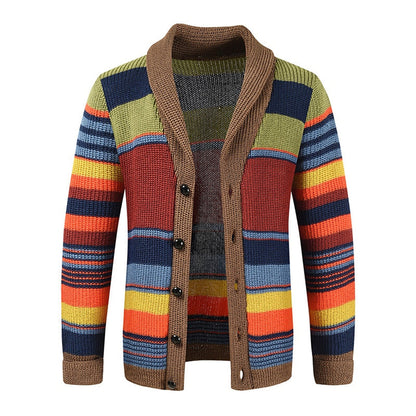 Men's Striped Knit Cardigan Shawl Collar Button Front - Vonnera