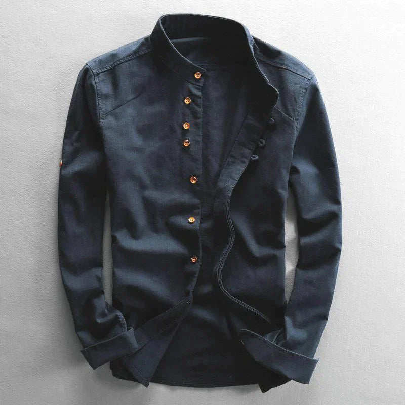 Men's Button-Down Shirt Band Collar Cotton White - Vonnera