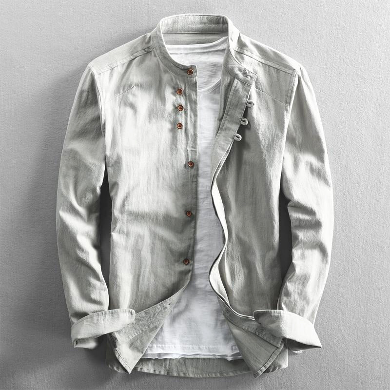 Men's Button-Down Shirt Band Collar Cotton White