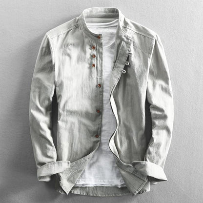 Men's Button-Down Shirt Band Collar Cotton White