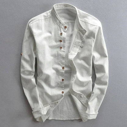 Men's Button-Down Shirt Band Collar Cotton White