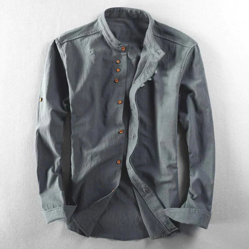 Men's Button-Down Shirt Band Collar Cotton White