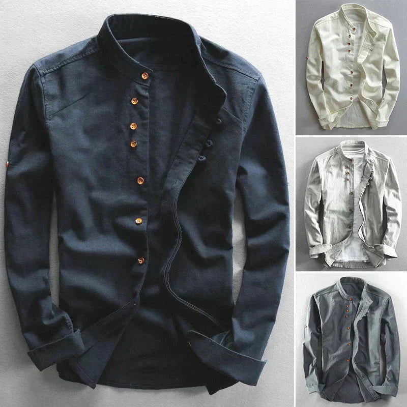 Men's Button-Down Shirt Band Collar Cotton White