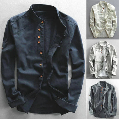 Men's Button-Down Shirt Band Collar Cotton White