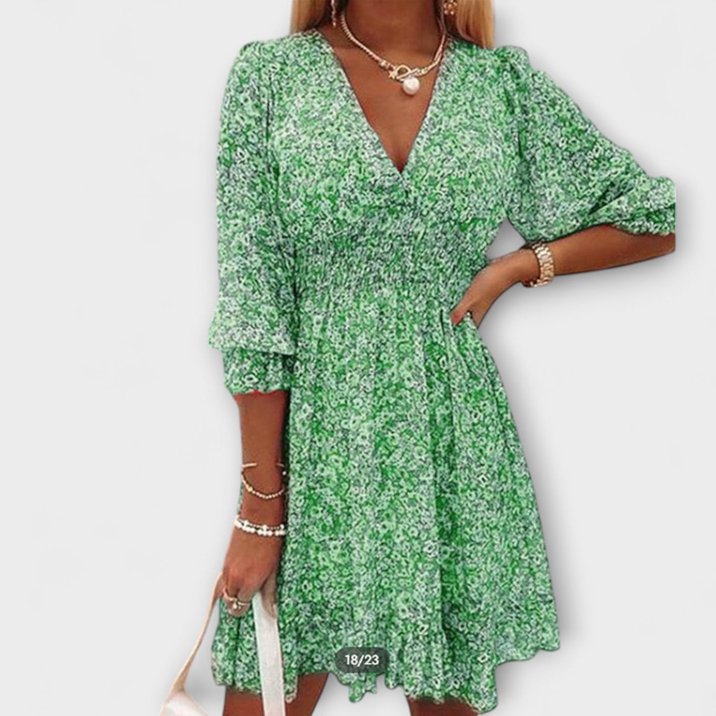 Women's V-Neck Floral Dress Puff Sleeves