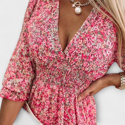 Women's V-Neck Floral Dress Puff Sleeves