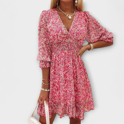 Women's Floral V Neck Mini Dress Long Sleeves - Vonnera