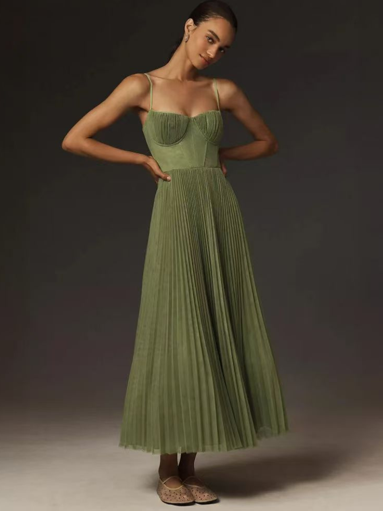 Women's Strappy Maxi Dress Pleated Skirt