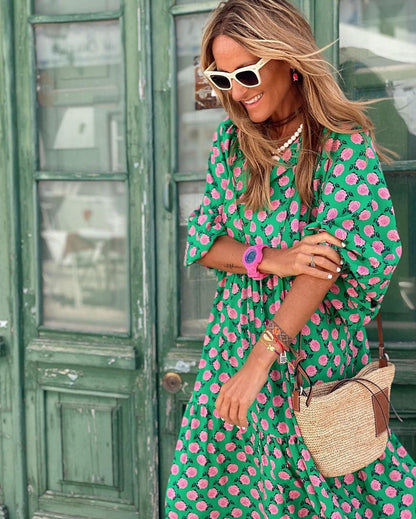 Women's V-Neck Printed Dress Flowy Design