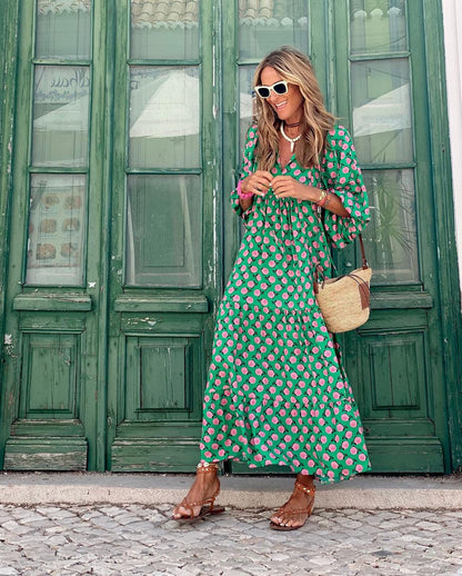 Women's V-Neck Printed Dress Flowy Design