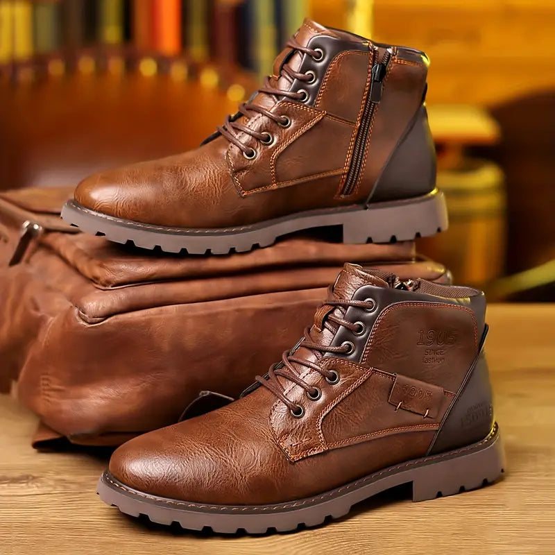 Men's Ankle Boots Lace-Up Leather Side Zipper Brown - Vonnera