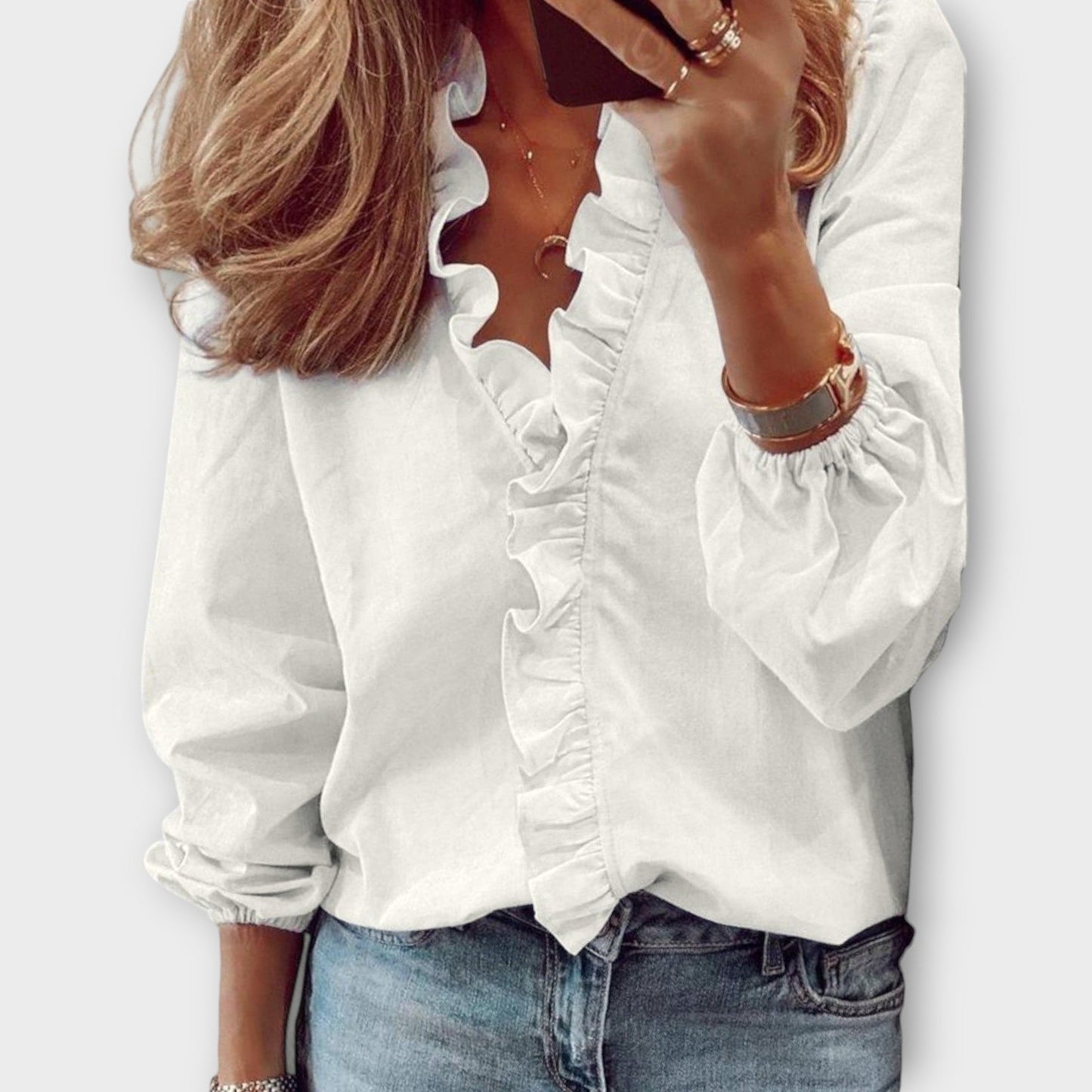 Women's V-Neck Ruffle Blouse Long Sleeve - Vonnera