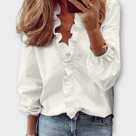 Women's V-Neck Ruffle Blouse Long Sleeve - Vonnera