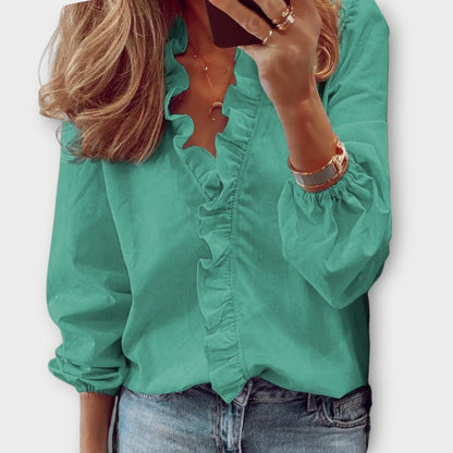 Women's V-Neck Ruffle Blouse Long Sleeve
