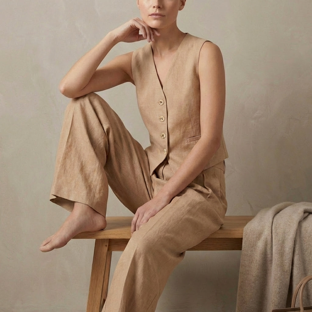 Linen Vest And Trousers Set Sleeveless High Waisted
