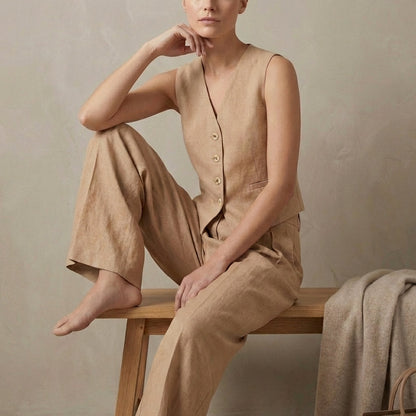 Linen Vest And Trousers Set Sleeveless High Waisted
