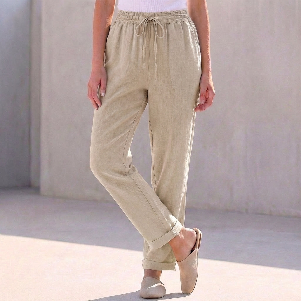 Relaxed Fit Cotton Linen Ankle Pants Drawstring Waist