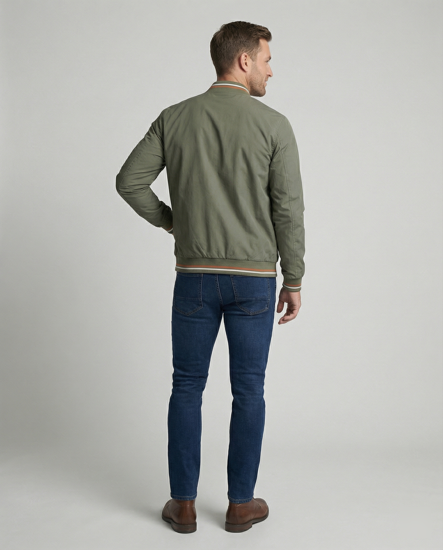 Men's Zip-Up Bomber Jacket Ribbed Collar
