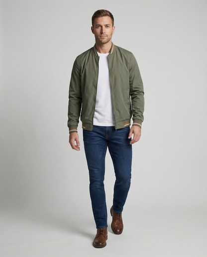 Men's Zip-Up Bomber Jacket Ribbed Collar