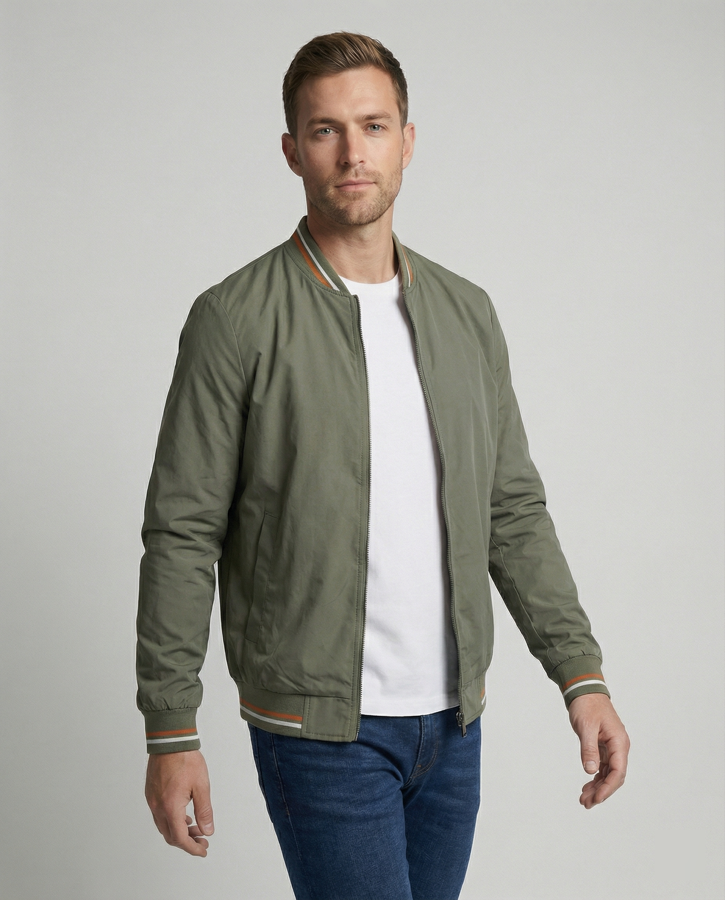 Men's Zip-Up Bomber Jacket Ribbed Collar