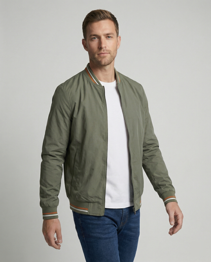 Men's Zip-Up Bomber Jacket Ribbed Collar