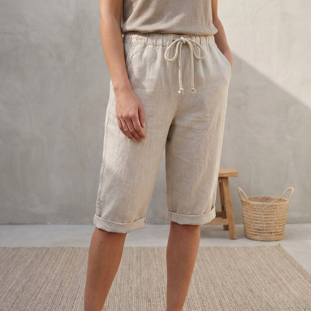 Linen Capri Pants Relaxed Fit Drawstring Waist Cuffed Beige - Vonnera