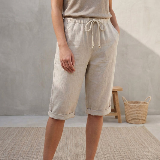 Linen Capri Pants Relaxed Fit Drawstring Waist Cuffed Beige - Vonnera