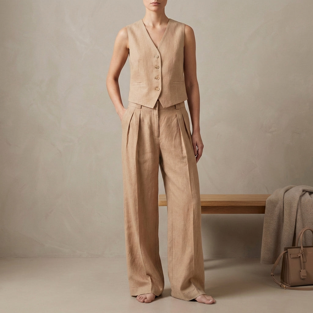 Linen Vest And Trousers Set Sleeveless High Waisted