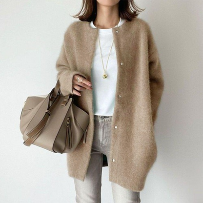 Women's Wool Mid-Thigh Cardigan Relaxed Fit Warm Beige - Vonnera