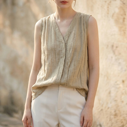 Women's V-Neck Sleeveless Crinkle Texture