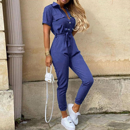 Women's Lightweight Short Sleeve Jumpsuit Button Closure