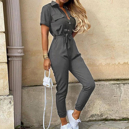 Women's Lightweight Short Sleeve Jumpsuit Button Closure