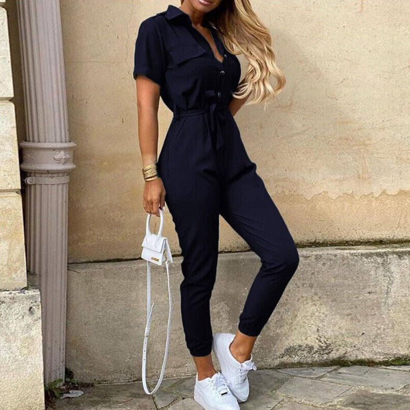 Women's Lightweight Short Sleeve Jumpsuit Button Closure