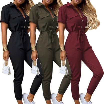 Women's Lightweight Short Sleeve Jumpsuit Button Closure