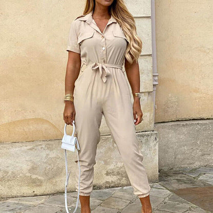 Women's Lightweight Short Sleeve Jumpsuit Button Closure