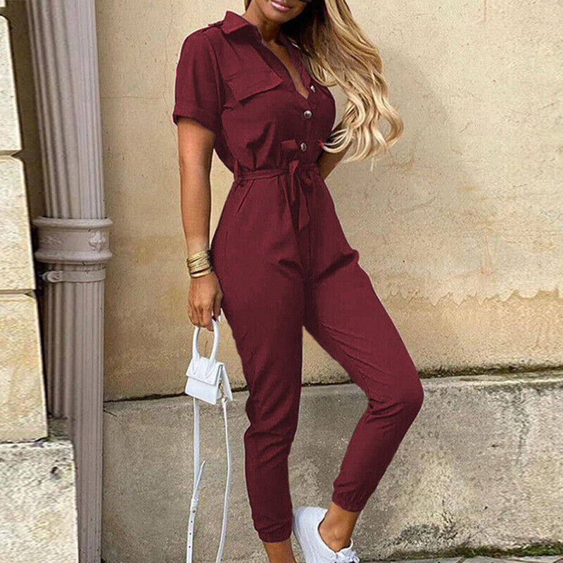 Women's Lightweight Short Sleeve Jumpsuit Button Closure