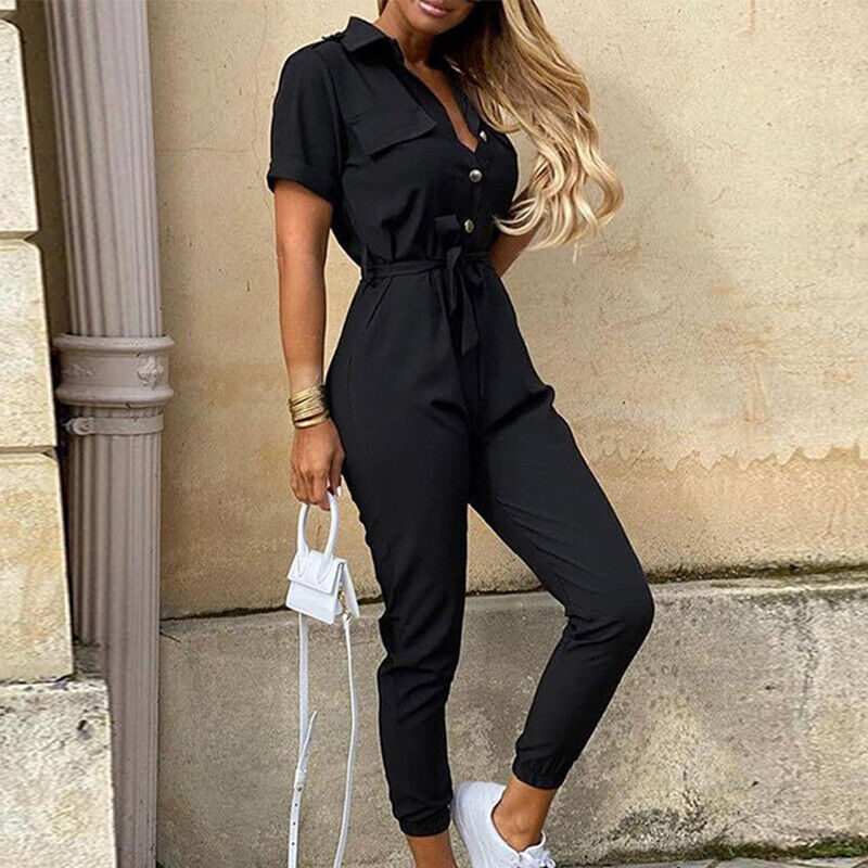 Women's Lightweight Short Sleeve Jumpsuit Button Closure