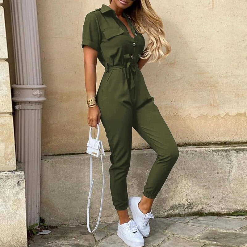 Women's Lightweight Short Sleeve Jumpsuit Button Closure
