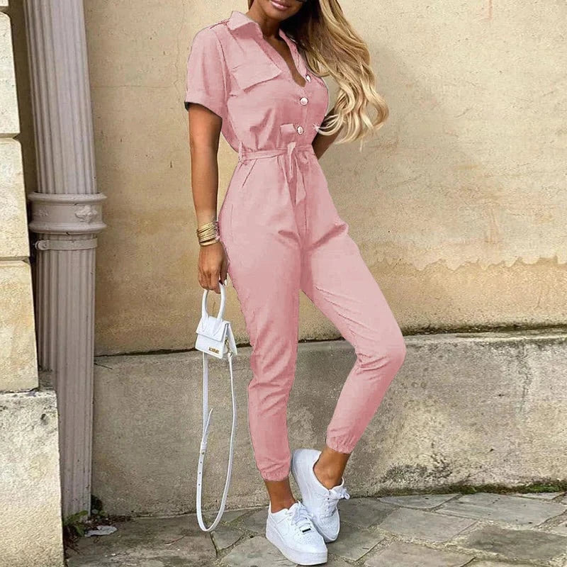 Women's Lightweight Short Sleeve Jumpsuit Button Closure