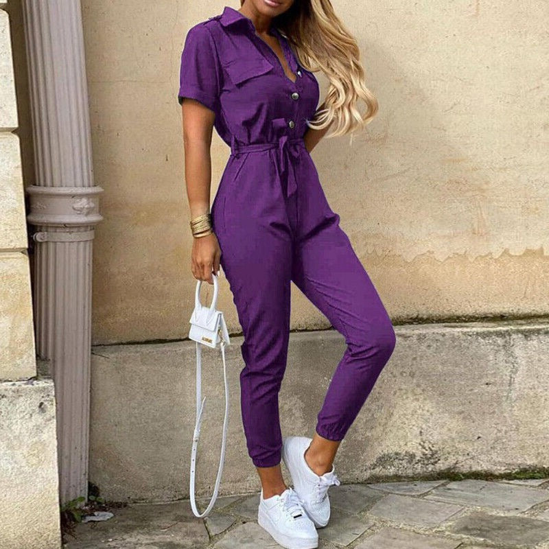 Women's Lightweight Short Sleeve Jumpsuit Button Closure