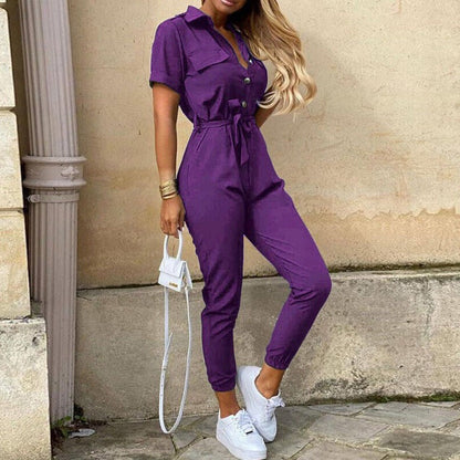 Women's Lightweight Short Sleeve Jumpsuit Button Closure