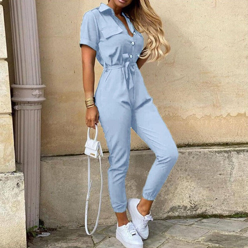 Women's Lightweight Short Sleeve Jumpsuit Button Closure
