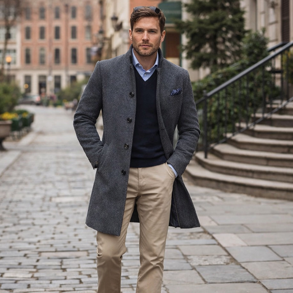 Men's Wool Blend Trench Coat Single Breasted Charcoal