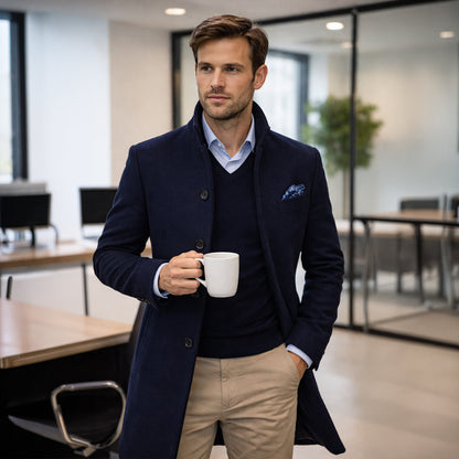 Men's Wool Blend Trench Coat Single Breasted Charcoal