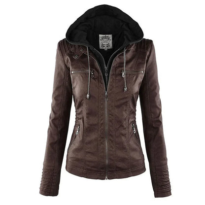 Women's Faux Leather Biker Jacket With Hood - Vonnera
