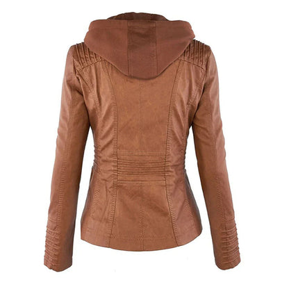 Women's Faux Leather Biker Jacket With Hood
