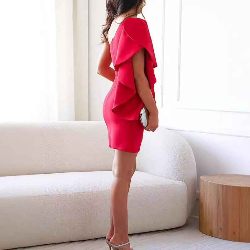Women's One Shoulder Ruffled Sleeve Cocktail Dress