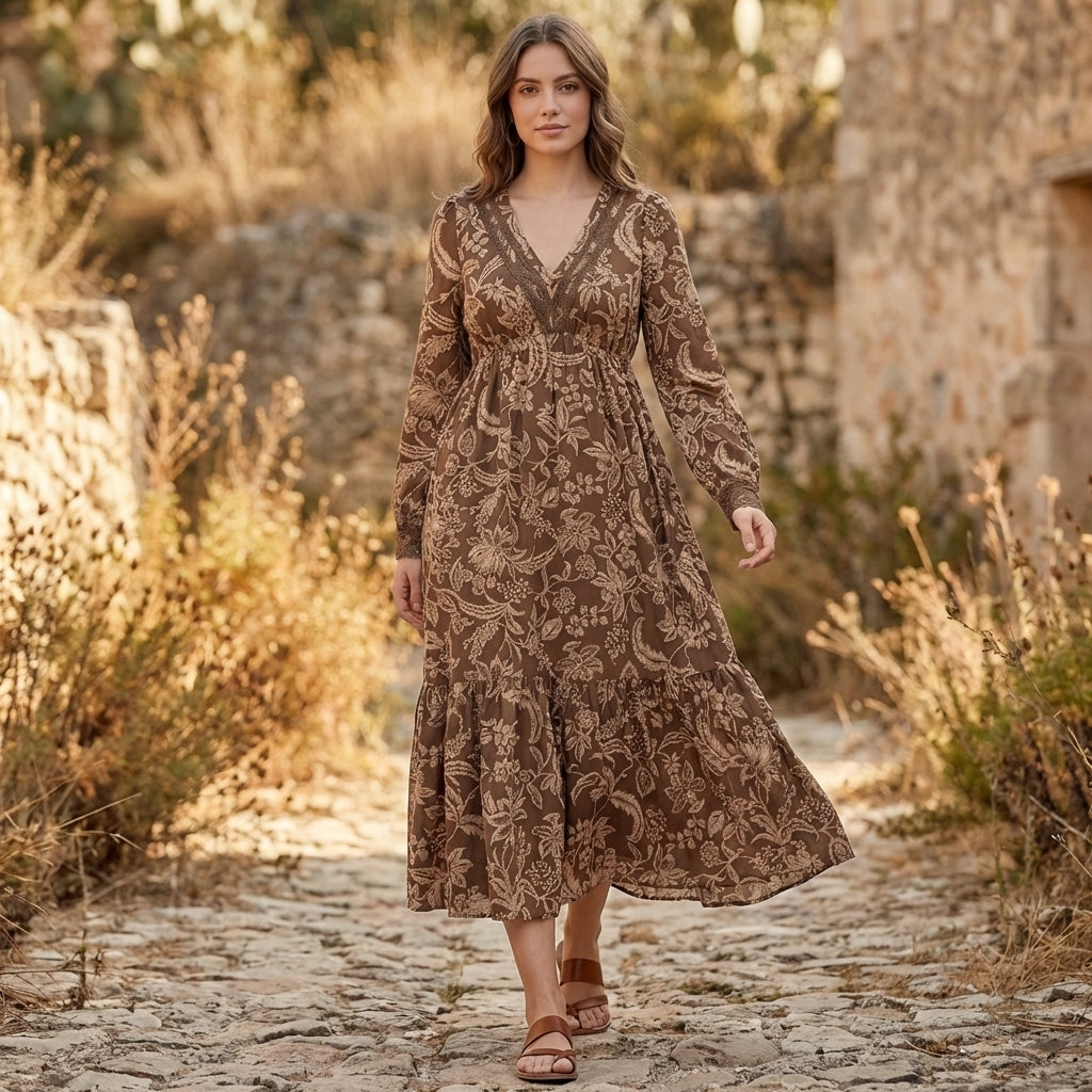 Women's V-Neck Maxi Dress Lace Trim Tiered Skirt