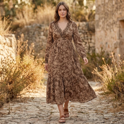 Women's V-Neck Maxi Dress Lace Trim Tiered Skirt